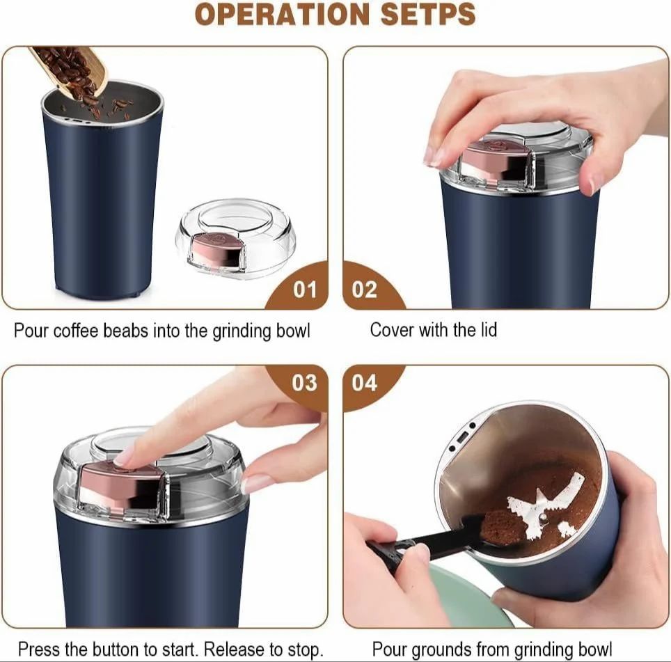 Portable Electric Coffee Grinder Spice & Coffee Bean Grinder Stainless Steel 4 Blade Mixer Grinder